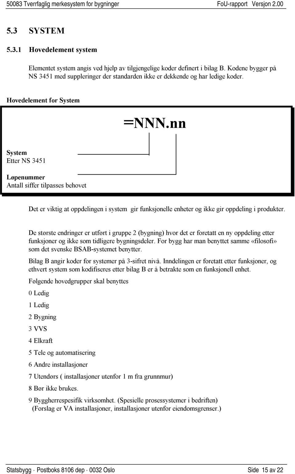 nn System Etter NS 3451 Løpenummer Antall siffer tilpasses behovet Det er viktig at oppdelingen i system gir funksjonelle enheter og ikke gir oppdeling i produkter.