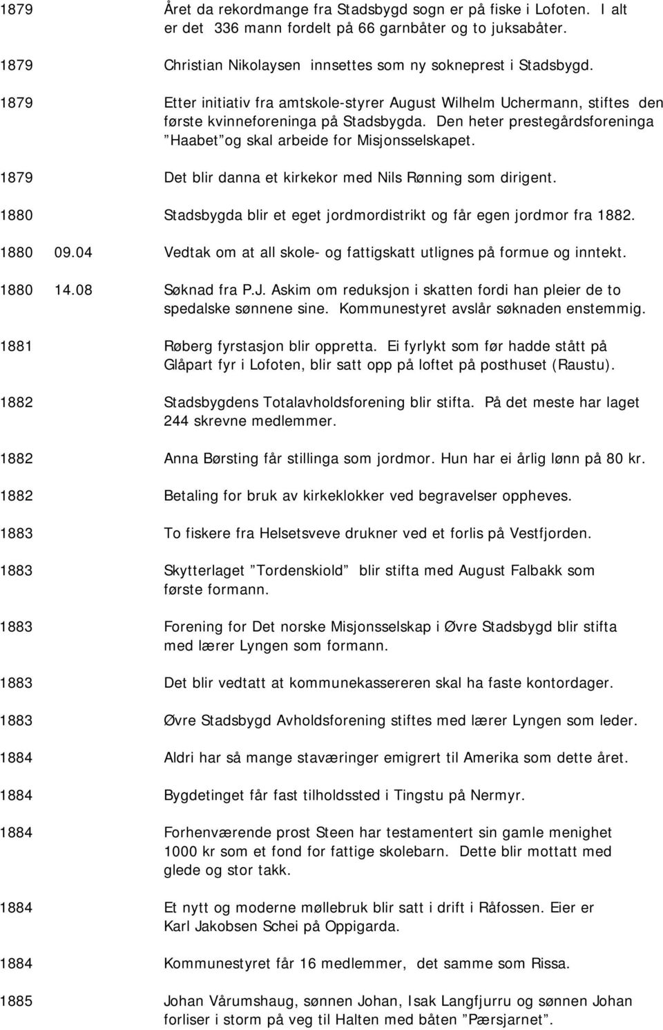 1879 Det blir danna et kirkekor med Nils Rønning som dirigent. 1880 Stadsbygda blir et eget jordmordistrikt og får egen jordmor fra 1882. 1880 09.