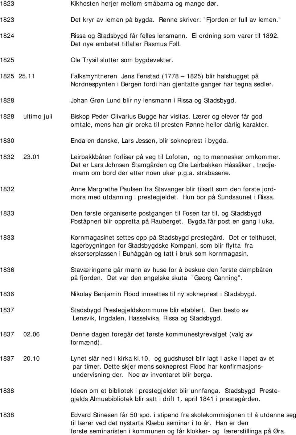 11 Falksmyntneren Jens Fenstad (1778 1825) blir halshugget på Nordnespynten i Bergen fordi han gjentatte ganger har tegna sedler. 1828 Johan Grøn Lund blir ny lensmann i Rissa og Stadsbygd.