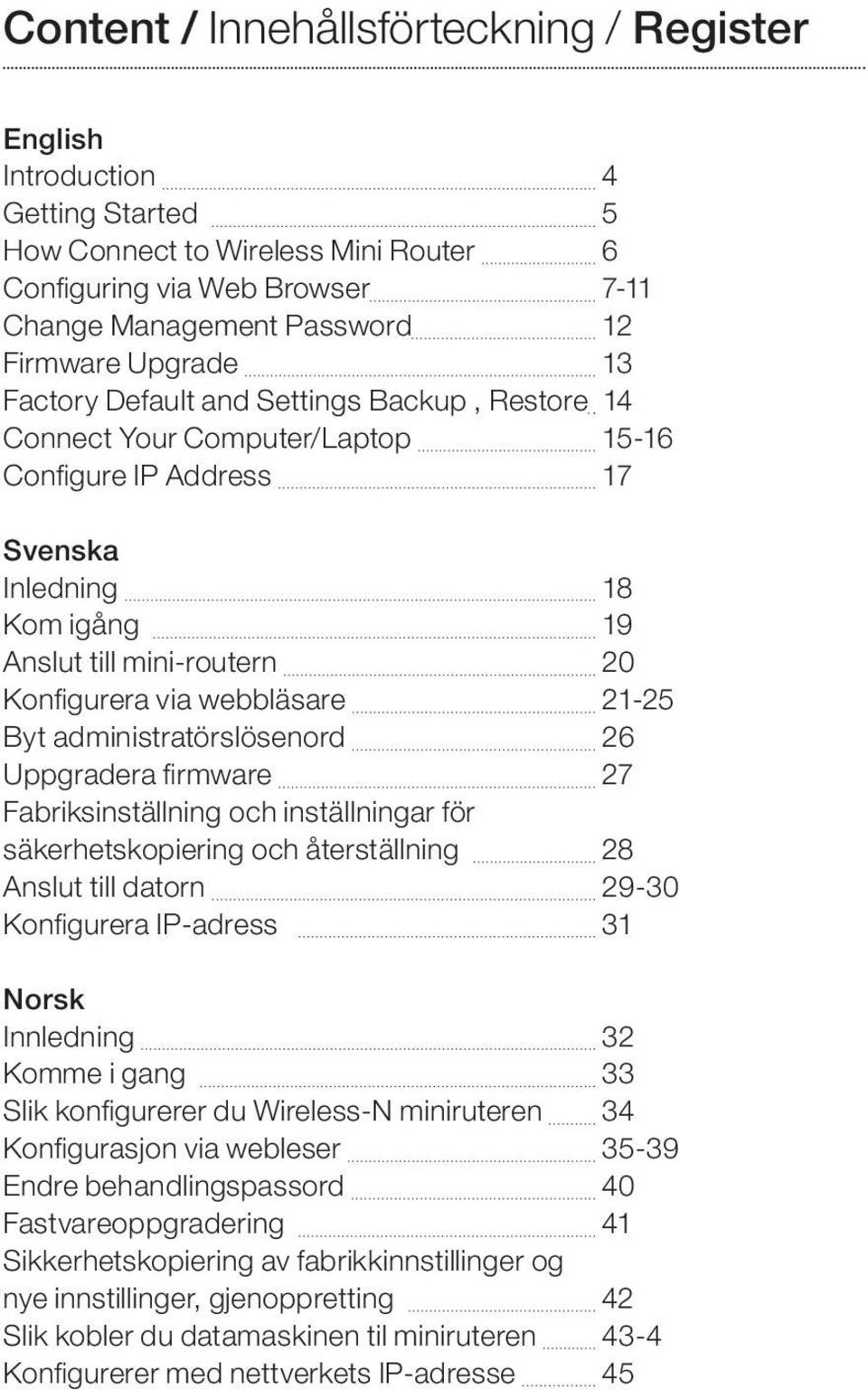 webbläsare 21-25 Byt administratörslösenord 26 Uppgradera firmware 27 Fabriksinställning och inställningar för säkerhetskopiering och återställning 28 Anslut till datorn 29-30 Konfigurera IP-adress