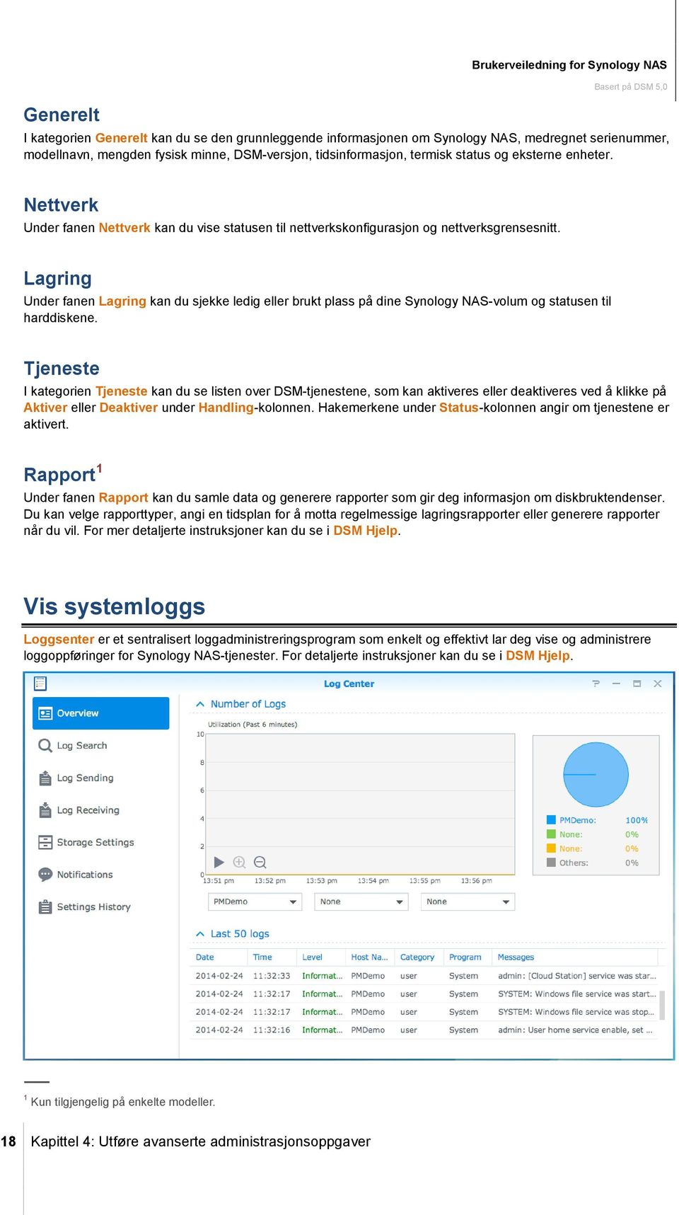 Lagring Under fanen Lagring kan du sjekke ledig eller brukt plass på dine Synology NAS-volum og statusen til harddiskene.