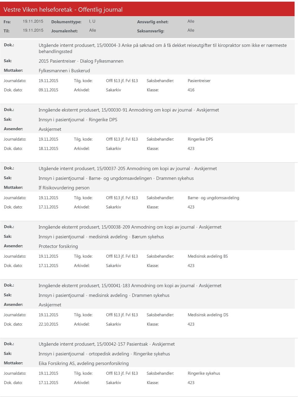 2015 Arkivdel: Sakarkiv 416 Inngående eksternt produsert, 15/00030-91 Anmodning om kopi av journal - Innsyn i pasientjournal - Ringerike DPS Ringerike DPS tgående internt produsert, 15/00037-205