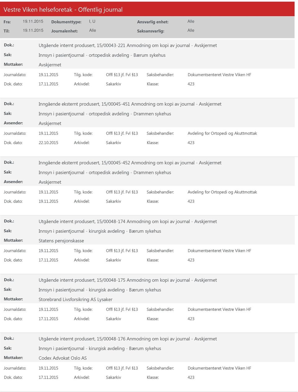 2015 Arkivdel: Sakarkiv Inngående eksternt produsert, 15/00045-452 Anmodning om kopi av journal - Innsyn i pasientjournal - ortopedisk avdeling - Drammen sykehus Avdeling for Ortopedi og Akuttmottak