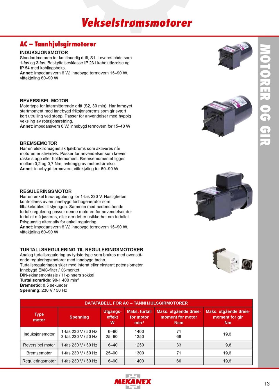 Annet: impedansvern 6 W, innebygd termovern 15 90 W, viftekjøling 60 90 W Reversibel motor Motortype for intermitterende drift (S2, 30 min).