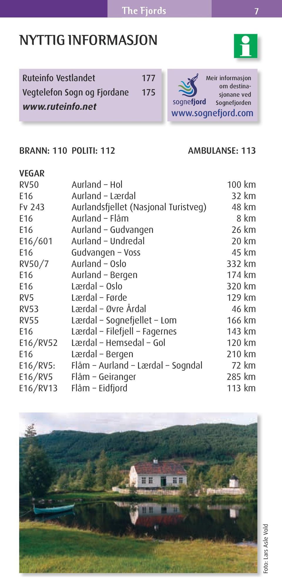 E16/601 Aurland Undredal 20 km E16 Gudvangen Voss 45 km RV50/7 Aurland Oslo 332 km E16 Aurland Bergen 174 km E16 Lærdal Oslo 320 km RV5 Lærdal Førde 129 km RV53 Lærdal Øvre Årdal 46 km RV55 Lærdal