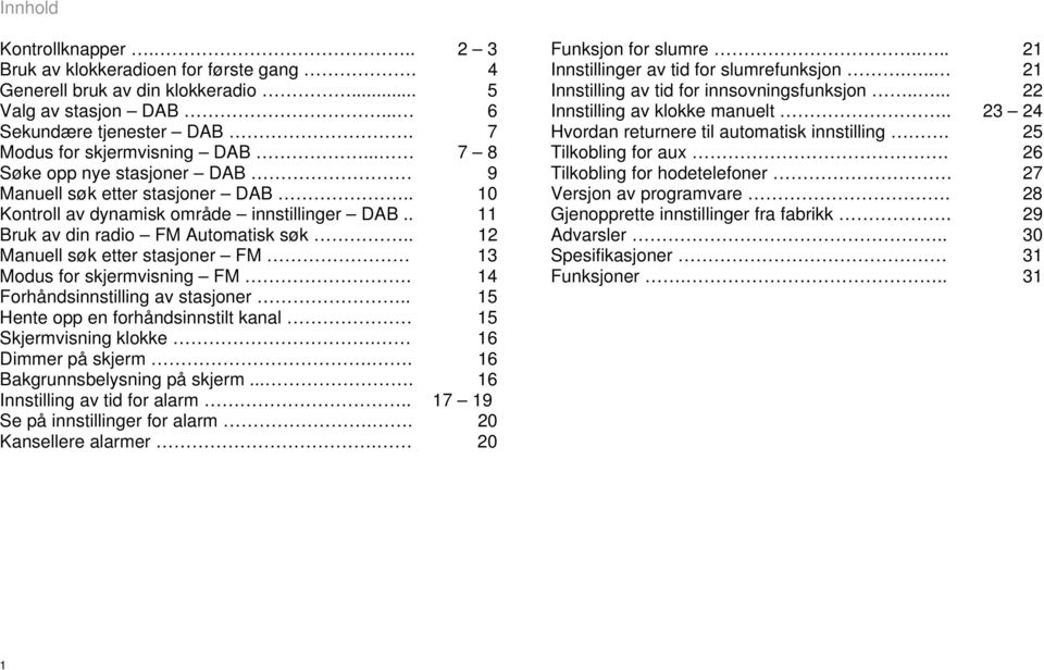 . 12 Manuell søk etter stasjoner FM 13 Modus for skjermvisning FM. 14 Forhåndsinnstilling av stasjoner.. 15 Hente opp en forhåndsinnstilt kanal 15 Skjermvisning klokke. 16 Dimmer på skjerm.