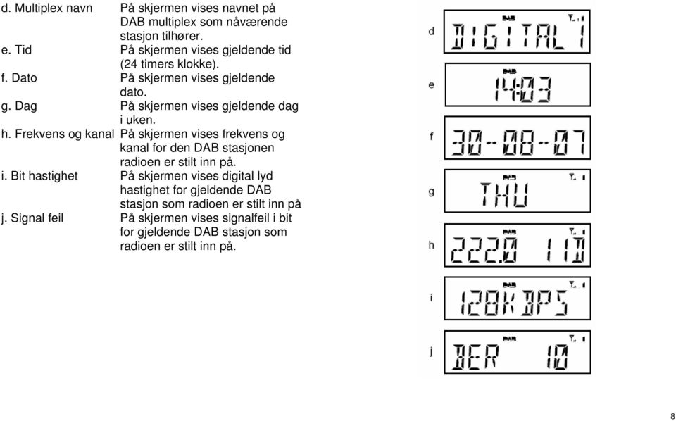 h. Frekvens og kanal På skjermen vises frekvens og kanal for den DAB stasjonen radioen er stilt in