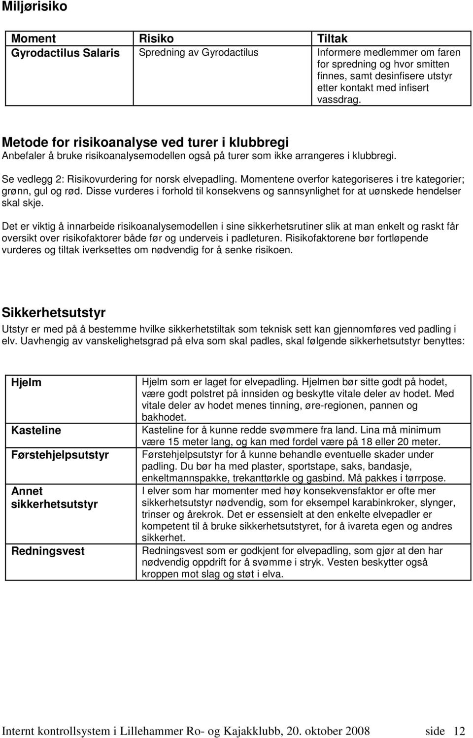 Momentene overfor kategoriseres i tre kategorier; grønn, gul og rød. Disse vurderes i forhold til konsekvens og sannsynlighet for at uønskede hendelser skal skje.