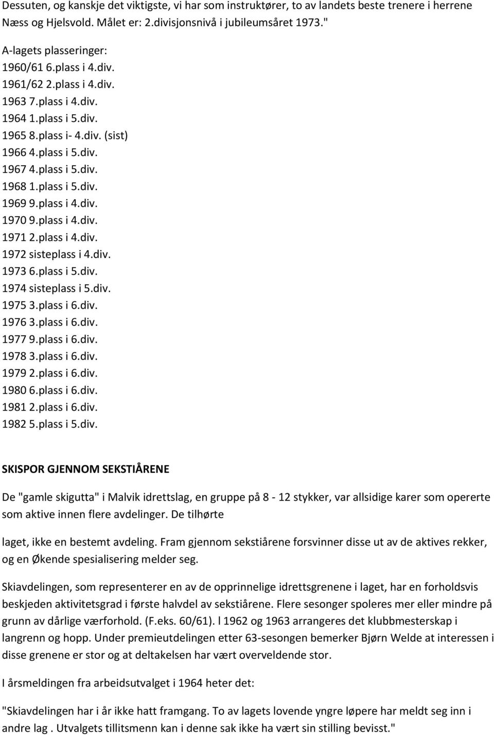 plass i 4.div. 1971 2.plass i 4.div. 1972 sisteplass i 4.div. 1973 6.plass i 5.div. 1974 sisteplass i 5.div. 1975 3.plass i 6.div. 1976 3.plass i 6.div. 1977 9.plass i 6.div. 1978 3.plass i 6.div. 1979 2.