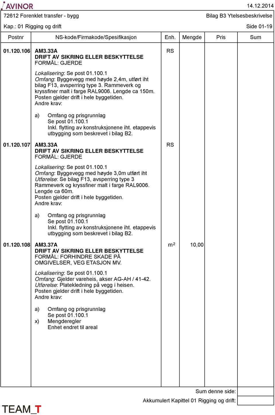 1 Inkl. flytting av konstruksjonene iht. etappevis utbygging som beskrevet i bilag B2. 01.120.107 AM3.33A DRIFT AV SIKRING ELLER BESKYTTELSE FORMÅL: GJERDE RS Lokalisering: Se post 01.100.