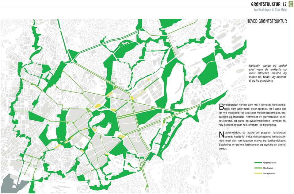 Nettverket av grøntstruktur, vannstrukturene, og gang- og sykkelmobiliteten i området får høy prioritet og gjør hele området lett tilgjengelig.