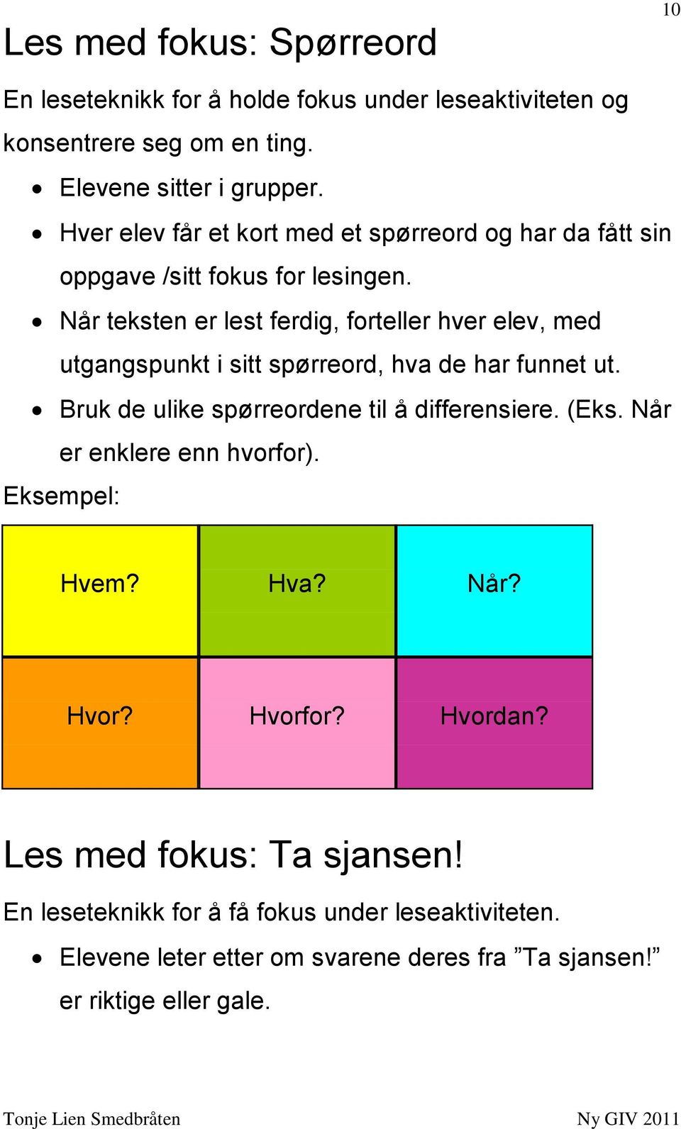 Når teksten er lest ferdig, forteller hver elev, med utgangspunkt i sitt spørreord, hva de har funnet ut. Bruk de ulike spørreordene til å differensiere.