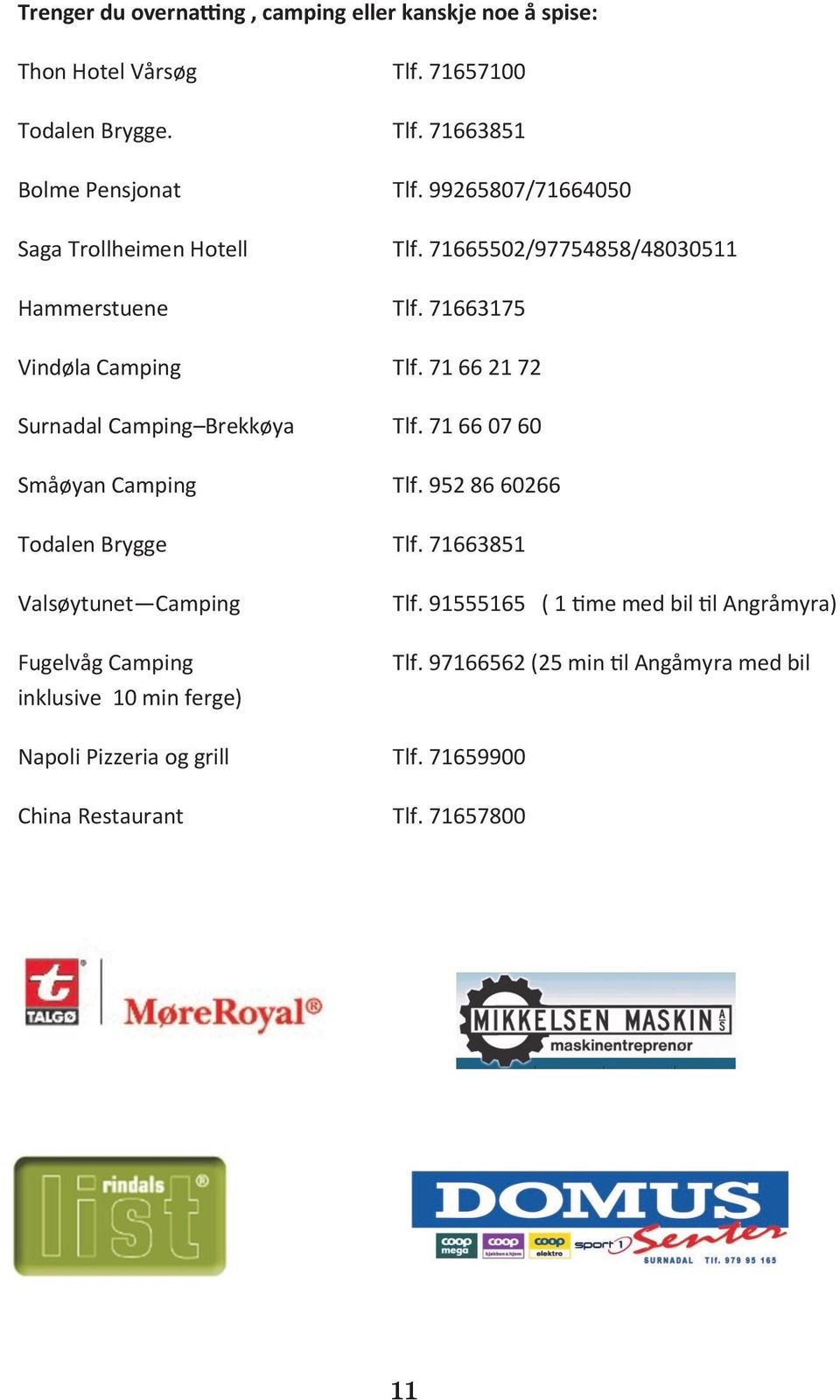 71 66 21 72 Surnadal Camping Brekkøya Tlf. 71 66 07 60 Småøyan Camping Tlf. 952 86 60266 Todalen Brygge Tlf.