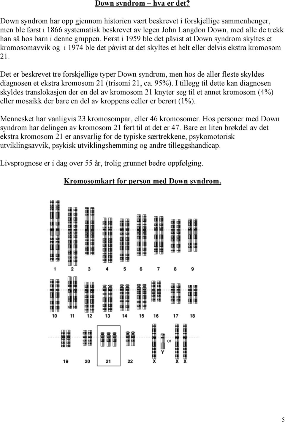 gruppen. Først i 1959 ble det påvist at Down syndrom skyltes et kromosomavvik og i 1974 ble det påvist at det skyltes et helt eller delvis ekstra kromosom 21.