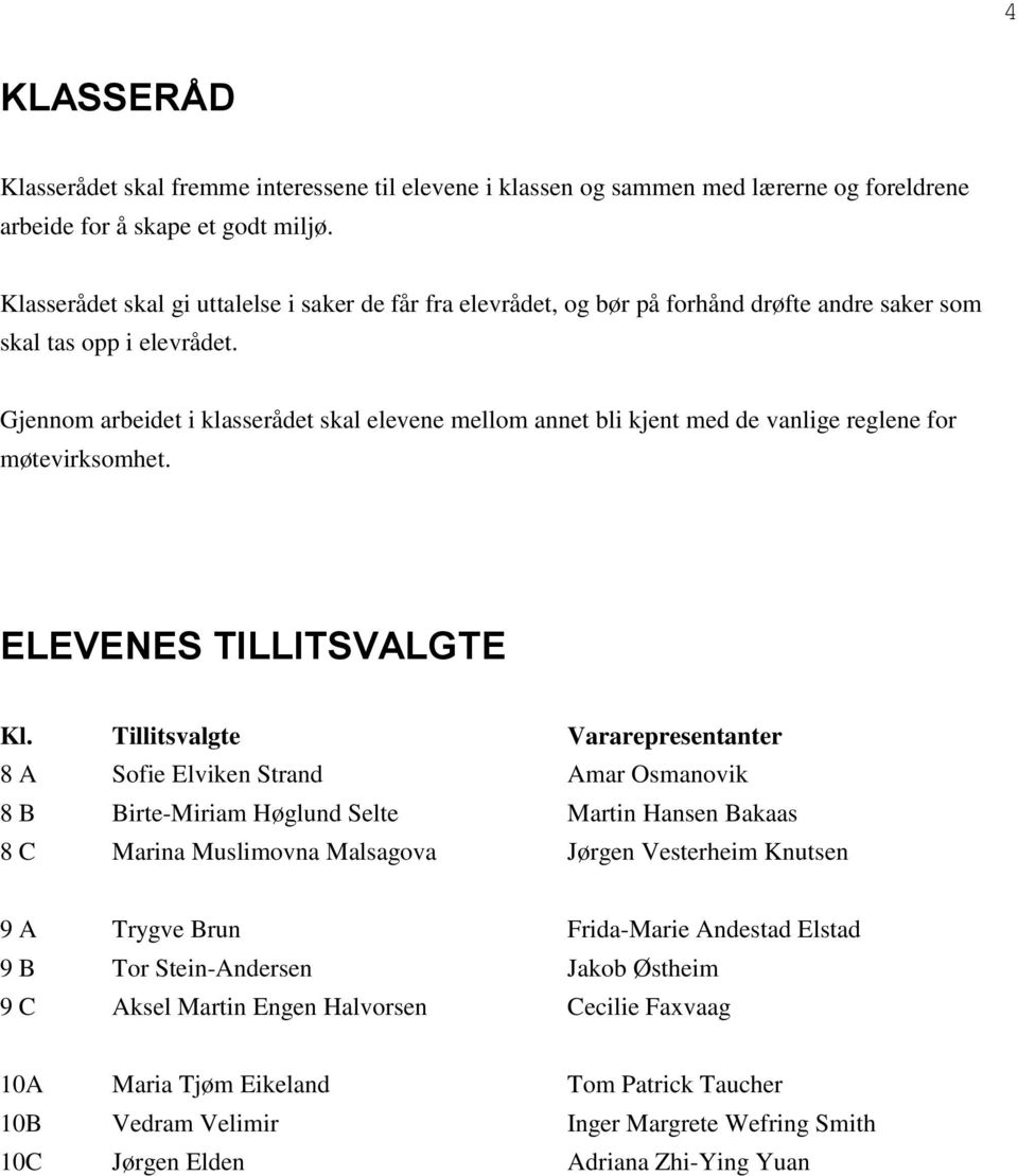 Gjennom arbeidet i klasserådet skal elevene mellom annet bli kjent med de vanlige reglene for møtevirksomhet. ELEVENES TILLITSVALGTE Kl.