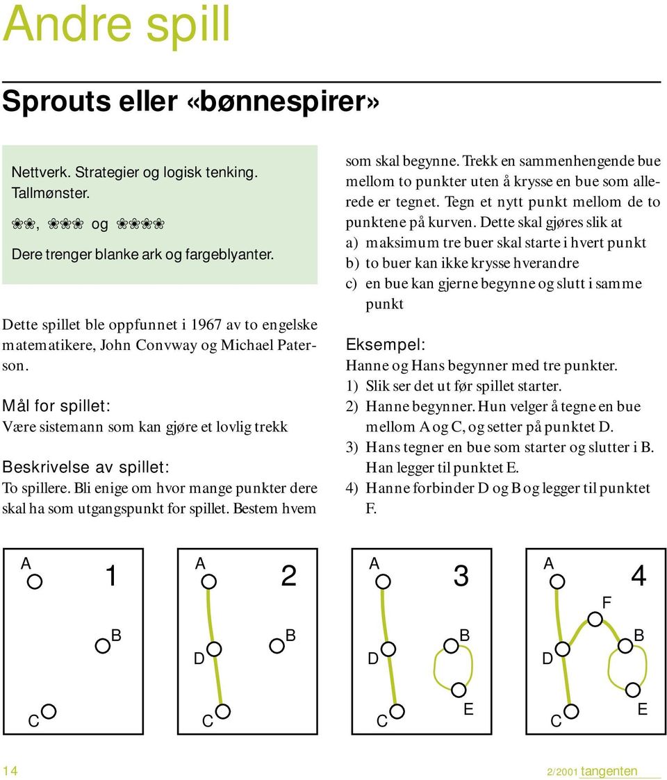 Bli enige om hvor mange punkter dere skal ha som utgangspunkt for spillet. Bestem hvem som skal begynne. Trekk en sammenhengende bue mellom to punkter uten å krysse en bue som allerede er tegnet.