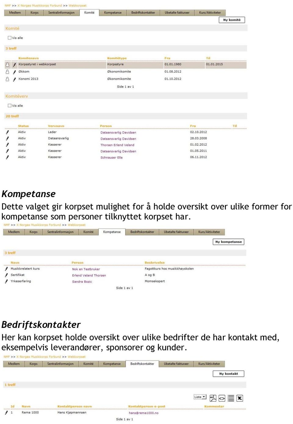 har. Bedriftskontakter Her kan korpset holde oversikt over ulike