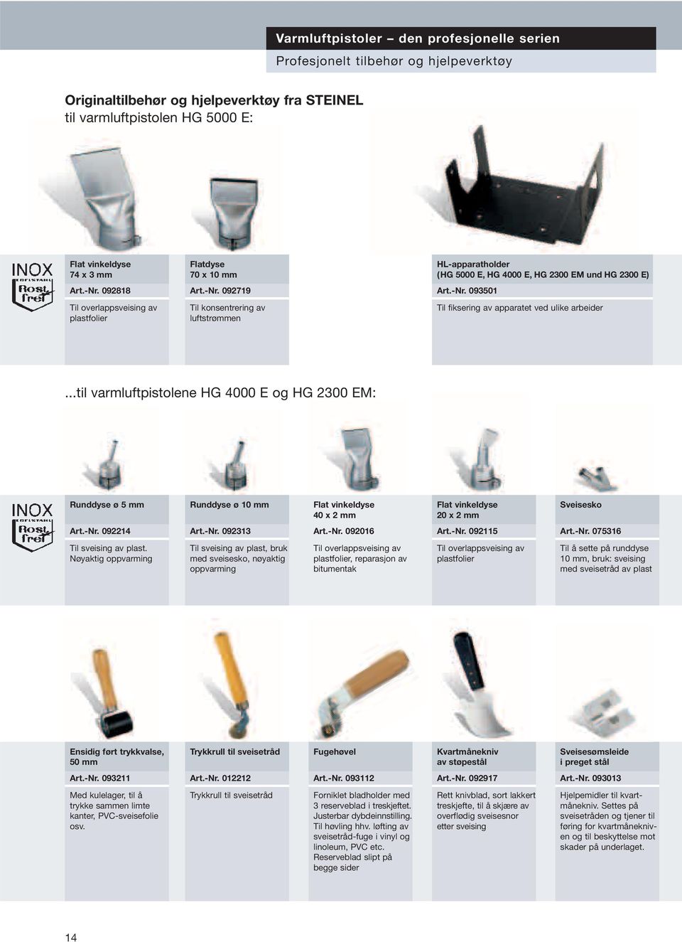 ..til varmluftpistolene HG 4000 E og HG 2300 EM: Runddyse ø 5 mm Runddyse ø 10 mm Flat vinkeldyse 40 x 2 mm Flat vinkeldyse 20 x 2 mm Sveisesko Art.-Nr. 092214 Art.-Nr. 092313 Art.-Nr. 092016 Art.-Nr. 092115 Art.