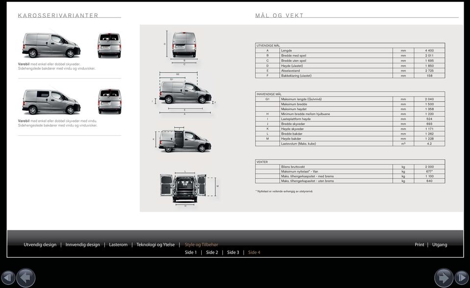 mm 1 500 Maksimum høydet mm 1 358 H Minimum bredde mellom hjulbuene mm 1 220 Varebil med enkel eller dobbel skyvedør med vindu. Sidehengeslede bakdører med vindu og vinduvisker.