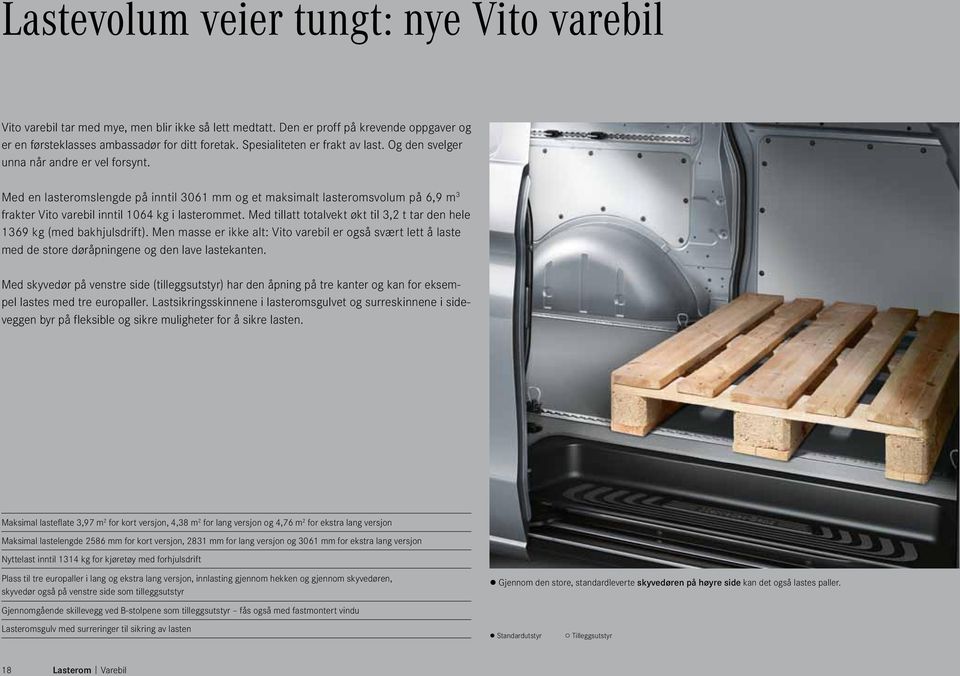 Med en lasteromslengde på inntil 3061 mm og et maksimalt lasteromsvolum på 6,9 m 3 frakter Vito varebil inntil 1064 kg i lasterommet.