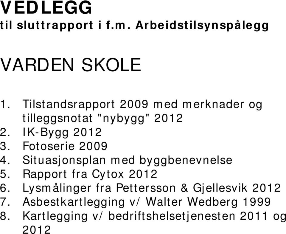 Fotoserie 2009 4. Situasjonsplan med byggbenevnelse 5. Rapport fra Cytox 2012 6.