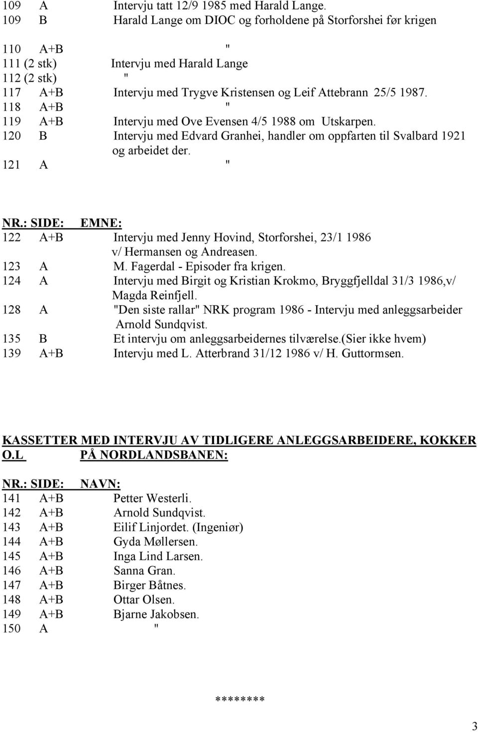 118 A+B " 119 A+B Intervju med Ove Evensen 4/5 1988 om Utskarpen. 120 B Intervju med Edvard Granhei, handler om oppfarten til Svalbard 1921 og arbeidet der. 121 A " NR.