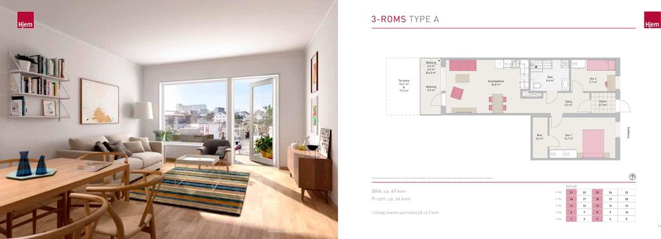 Se prisliste for eksakt balkong/terrassestørrelse per leilighet. BRA: ca. 69 kvm P-rom: ca. 64 kvm 5. etg 4.