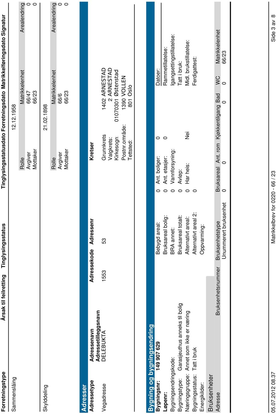 1898 Rolle Matrikkelenhet Arealendring Avgiver 66/6 0 Mottaker 66/23 0 Adresser Adressetype Adressenavn Adressetilleggsnavn Adressekode Adressenr Kretser Vegadresse 1553 53 Grunnkrets: 1402
