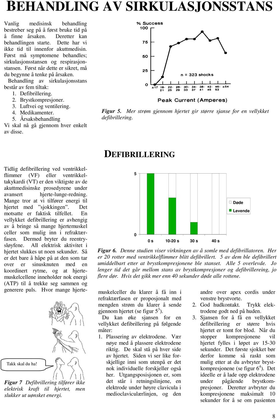 Defibrillering. 2. Brystkompresjoner. 3. Luftvei og ventilering. 4. Medikamenter. 5. Årsaksbehandling Vi skal nå gå gjennom hver enkelt av disse. Figur 5.