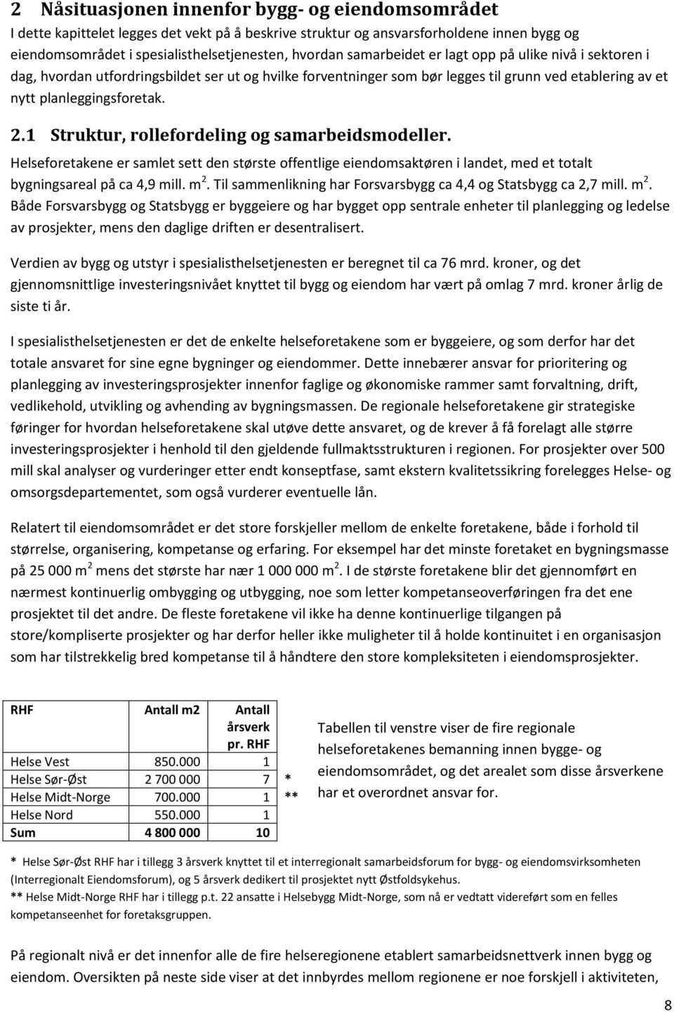 1 Struktur, rollefordeling og samarbeidsmodeller. Helseforetakene er samlet sett den største offentlige eiendomsaktøren i landet, med et totalt bygningsareal på ca 4,9 mill. m 2.