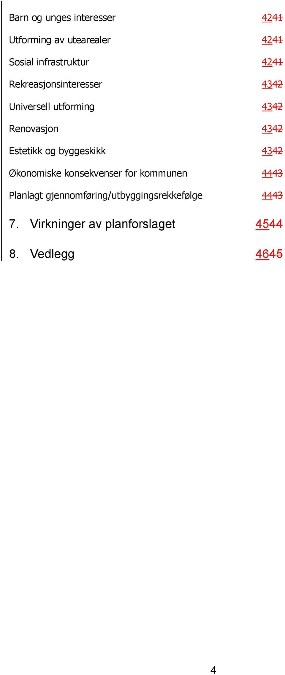 Estetikk og byggeskikk 4342 Økonomiske konsekvenser for kommunen 4443 Planlagt