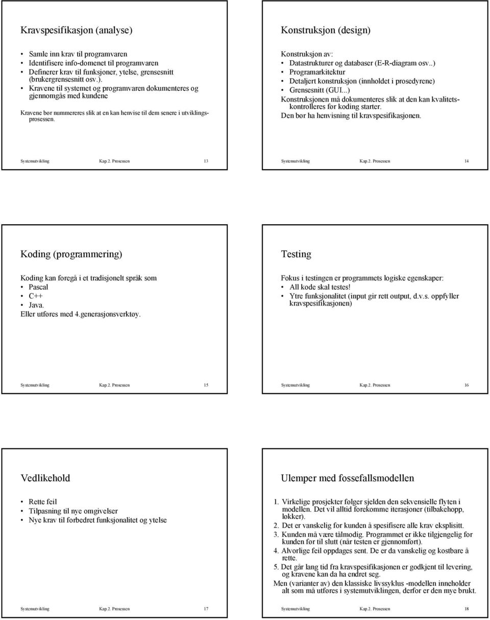 ..) Konstruksjonen må dokumenteres slik at den kan kvalitetskontrolleres før koding starter. Den bør ha henvisning til kravspesifikasjonen. Systemutvikling Kap.2.