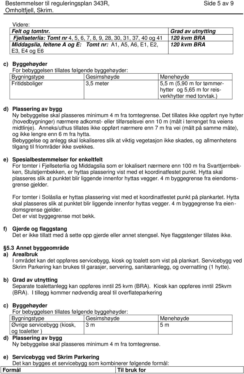 Byggehøyder For bebyggelsen tillates følgende byggehøyder: Bygningstype Gesimshøyde Fritidsboliger 3,5 meter Mønehøyde 5,5 m (5,90 m for tømmerhytter og 5,65 m for reisverkhytter med torvtak.