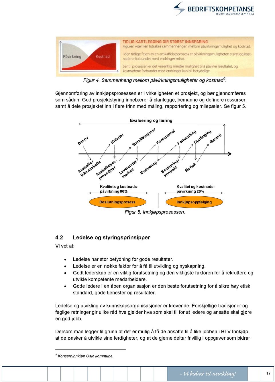 Evaluering og læring Kvalitet og kostnadspåvirkning 80% Beslutningsprosess Kvalitet og kostnadspåvirkning 20% Innkjøpsoppfølging Figur 5. Innkjøpsprosessen. 4.
