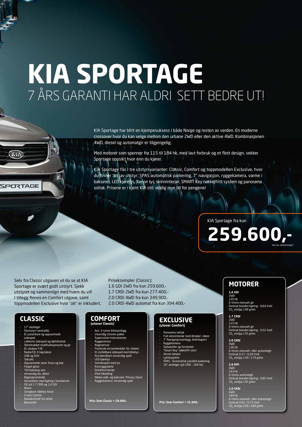 Med motorer som spenner fra 115 til 184 hk, med lavt forbruk og et flott design, vekker Sportage oppsikt hvor enn du kjører.