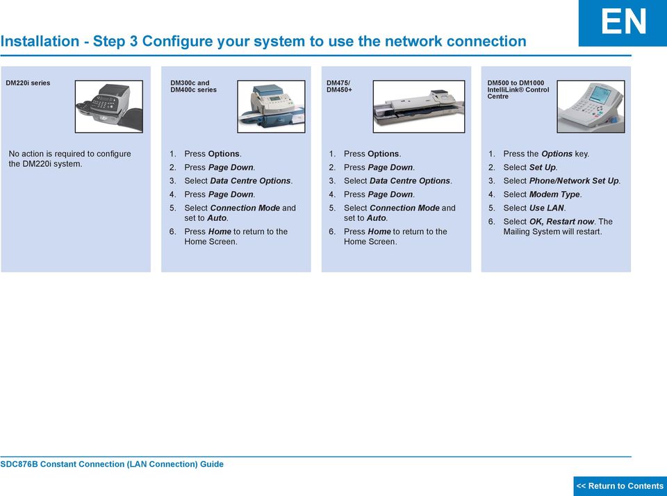 4. Press Page Down. 4. Press Page Down. 4. Select Modem Type. 5. Select Connection Mode and set to Auto. 6. Press Home to return to the Home Screen. 5. Select Connection Mode and set to Auto. 6. Press Home to return to the Home Screen. 5. Select Use LAN.