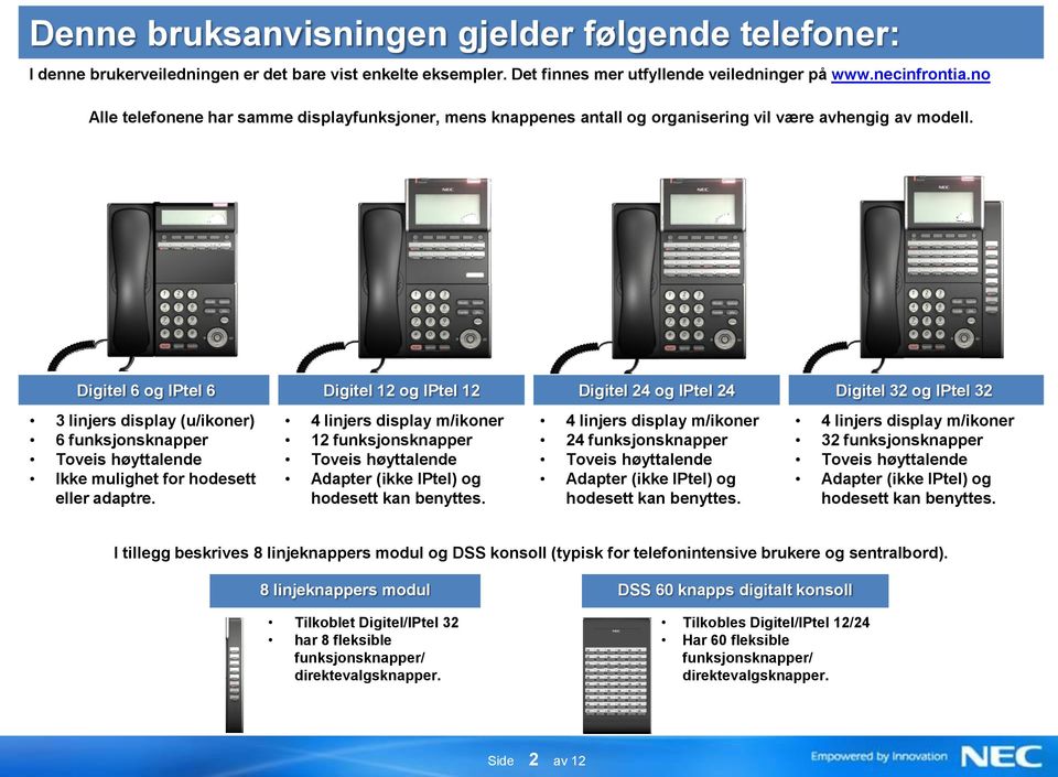 Digitel 6 og IPtel 6 Digitel 12 og IPtel 12 Digitel 24 og IPtel 24 Digitel 32 og IPtel 32 3 linjers display (u/ikoner) 6 funksjonsknapper Toveis høyttalende Ikke mulighet for hodesett eller adaptre.