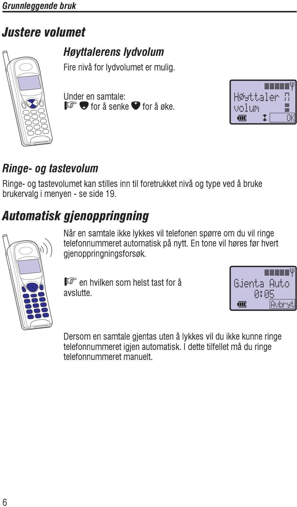 Automatisk gjenoppringning Når en samtale ikke lykkes vil telefonen spørre om du vil ringe telefonnummeret automatisk på nytt.