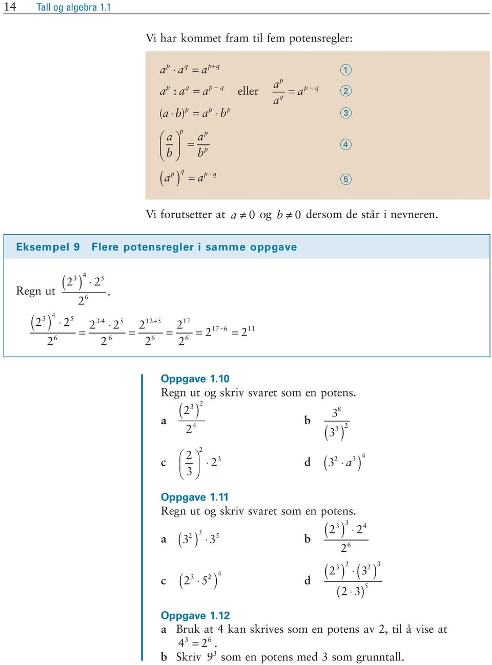 5 Vi forutsetter at a 0 og b 0 dersom de står i nevneren. Eksempel 9 Flere potensregler i samme oppgave Regn ut ( ) 5 6 ( ) 5 6.