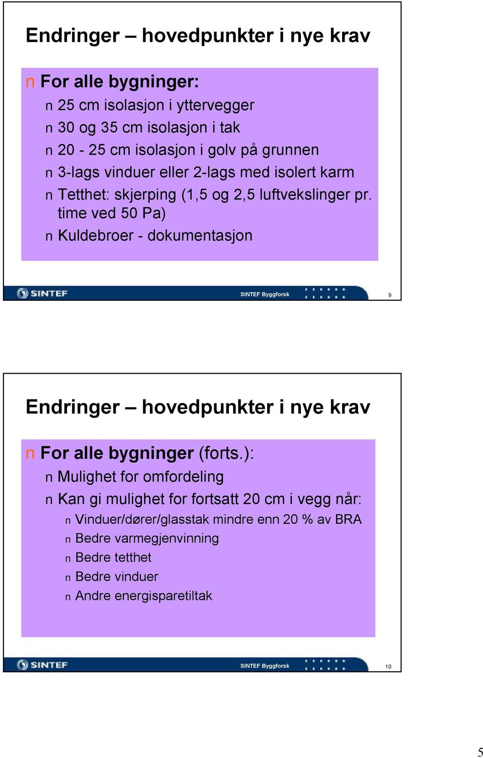 time ved 50 Pa) Kuldebroer -dokumentasjon 9 Endringer hovedpunkter i nye krav For alle bygninger (forts.