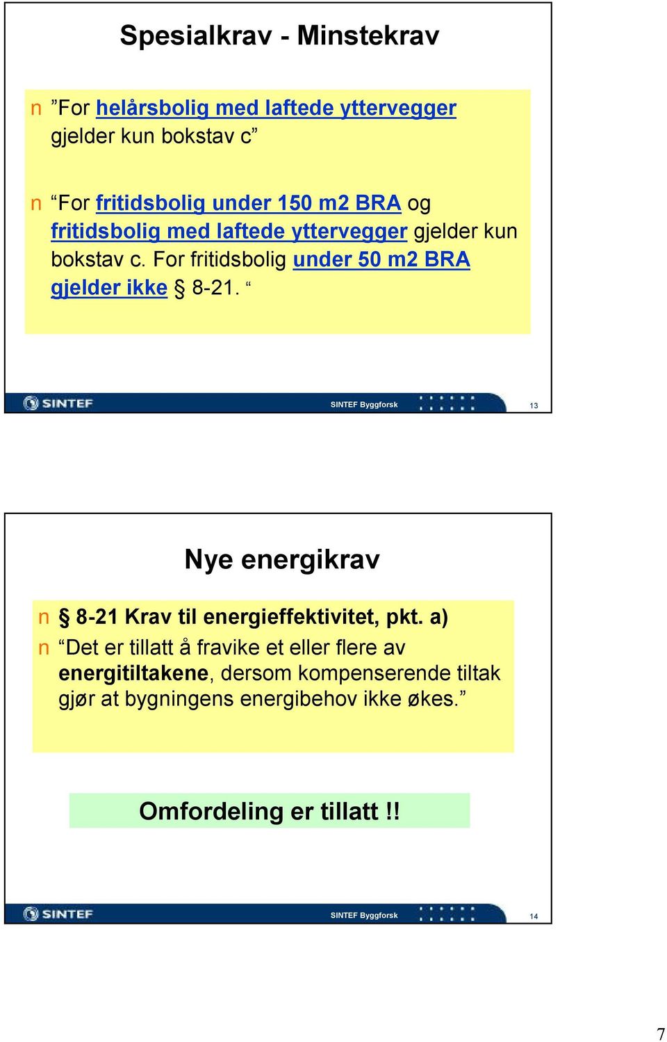 For fritidsbolig under 50 m2 BRA gjelder ikke 8-21. 13 Nye energikrav 8-21 Krav til energieffektivitet, pkt.