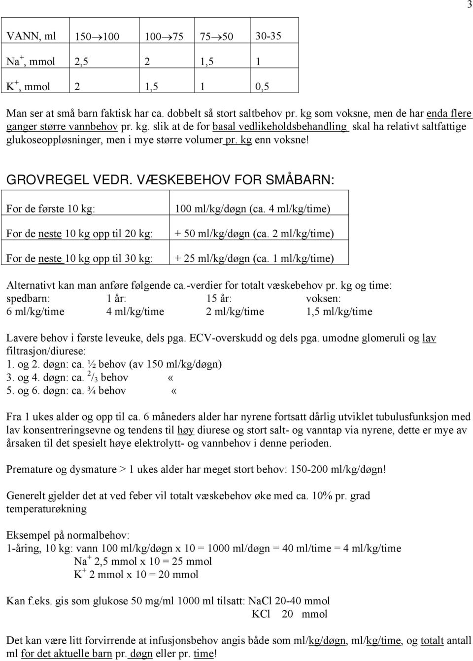 kg enn voksne! GROVREGEL VEDR. VÆSKEBEHOV FOR SMÅBARN: For de første 10 kg: For de neste 10 kg opp til 20 kg: For de neste 10 kg opp til 30 kg: 100 ml/kg/døgn (ca. 4 ml/kg/time) + 50 ml/kg/døgn (ca.