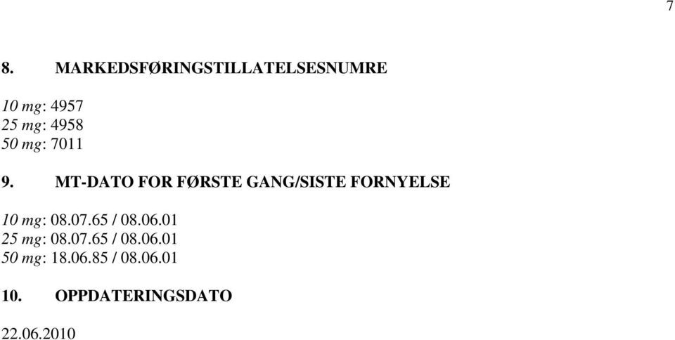 MT-DATO FOR FØRSTE GANG/SISTE FORNYELSE 10 mg: 08.07.