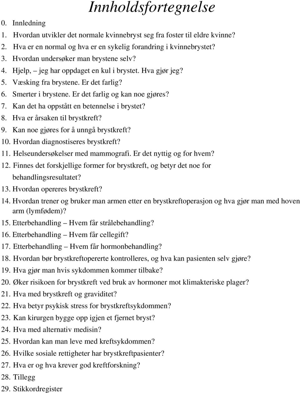 Kan det ha oppstått en betennelse i brystet? 8. Hva er årsaken til brystkreft? 9. Kan noe gjøres for å unngå brystkreft? 10. Hvordan diagnostiseres brystkreft? 11. Helseundersøkelser med mammografi.