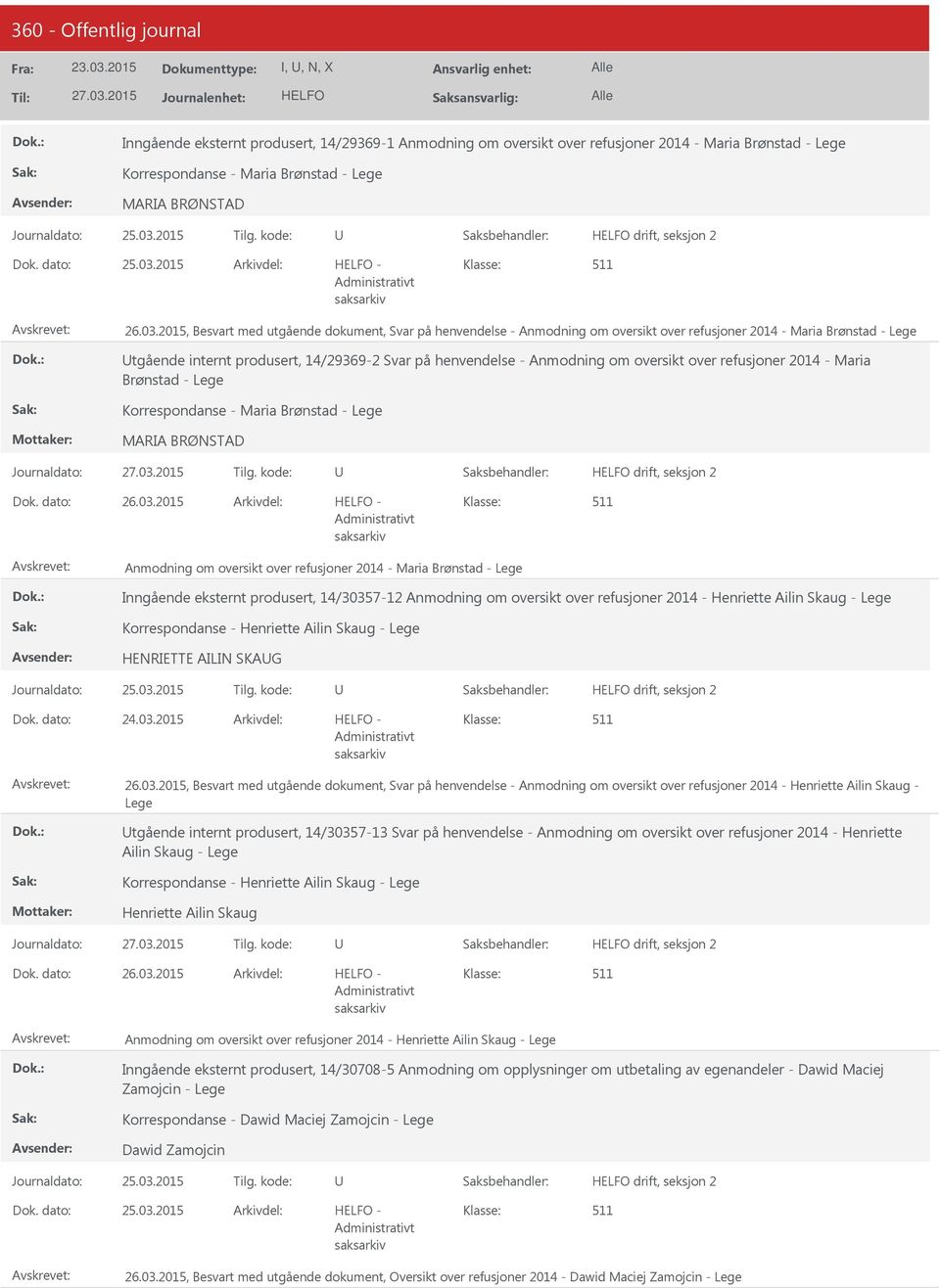 2015, Besvart med utgående dokument, Svar på henvendelse - Anmodning om oversikt over refusjoner 2014 - Maria Brønstad - Lege tgående internt produsert, 14/29369-2 Svar på henvendelse - Anmodning om