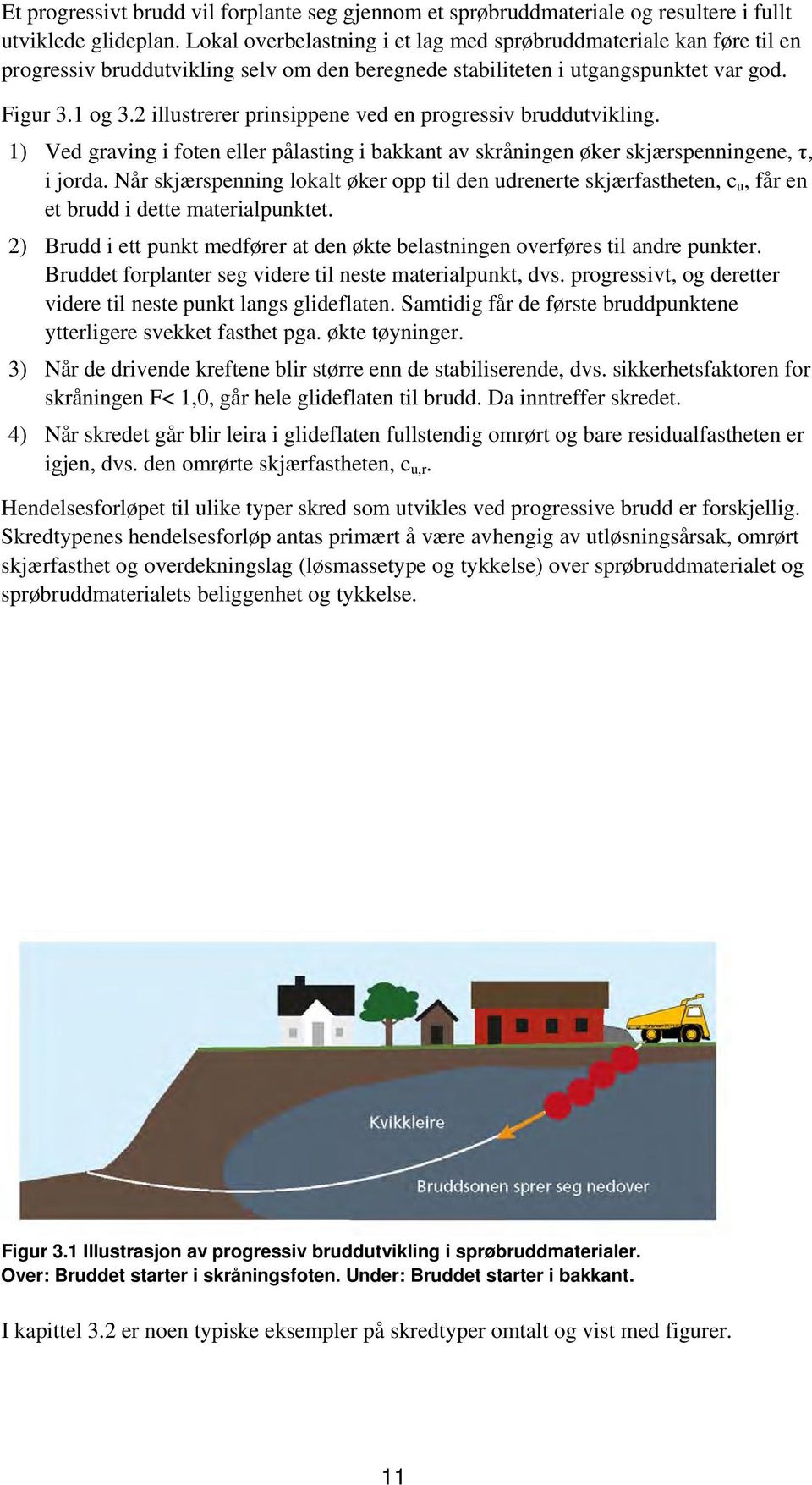 2 illustrerer prinsippene ved en progressiv bruddutvikling. 1) Ved graving i foten eller pålasting i bakkant av skråningen øker skjærspenningene, τ, i jorda.