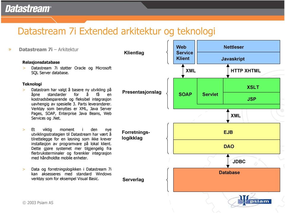 uavhengig av spesielle 3. Parts leverandører. Verktøy som benyttes er XML, Java Server Pages, SOAP, Enterprise Java Beans, Web Services og.net.