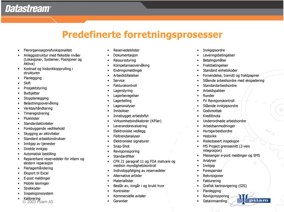 Standard arbeidsinstrukser Innkjøp av tjenester Direkte innkjøp Automatisk bestilling Reparerbare reservedeler for intern og ekstern reparasjon Flerlagerhåndering Eksport til Excel E-post meldinger