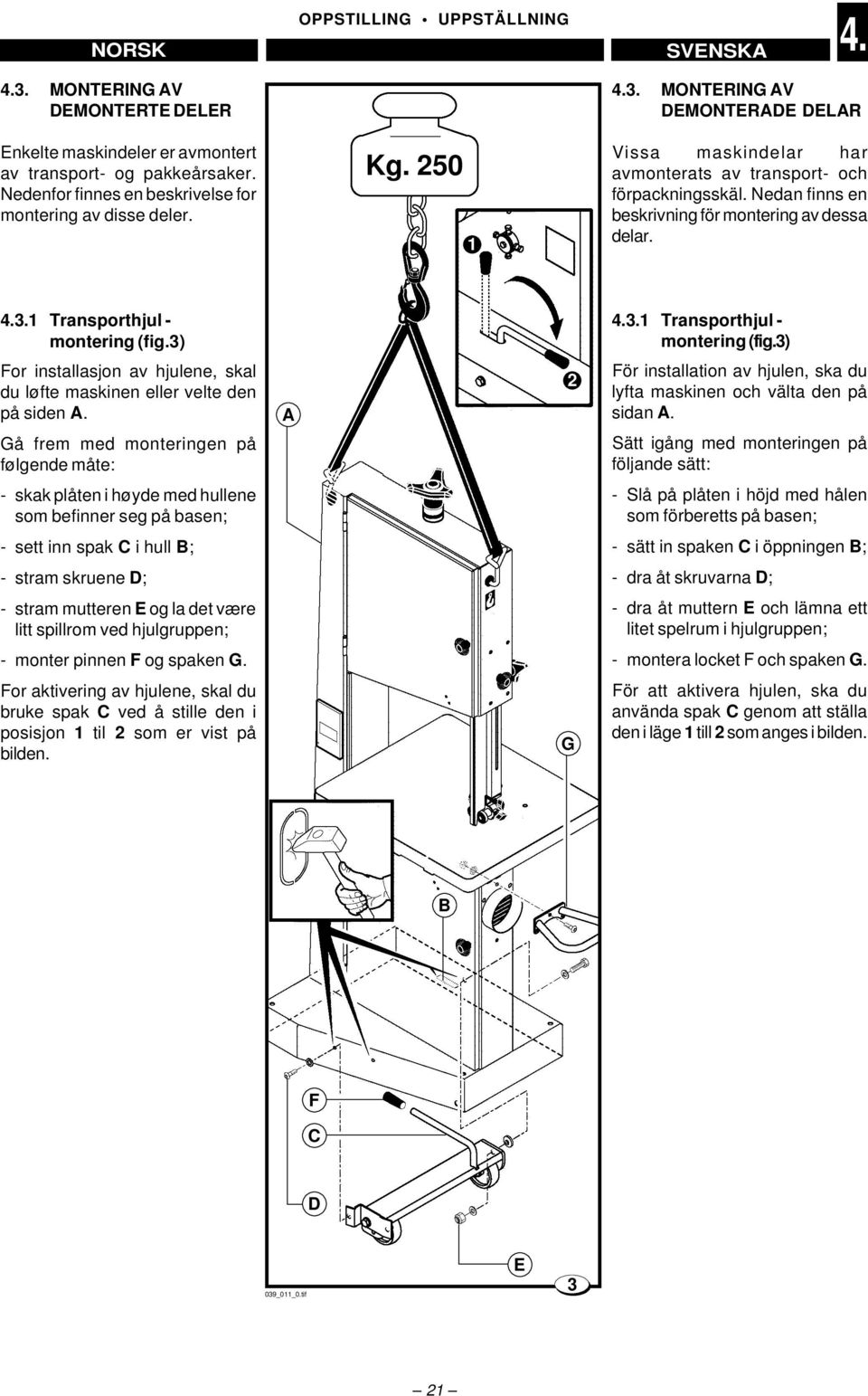 3) 4.3.1 Transporthjul - montering (fig.3) For installasjon av hjulene, skal du løfte maskinen eller velte den på siden. 2 För installation av hjulen, ska du lyfta maskinen och välta den på sidan.