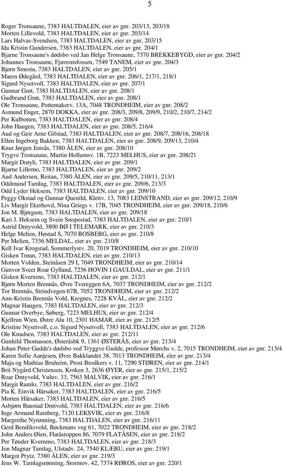 204/2 Johannes Tronsaune, Fjæremsfossen, 7549 TANEM, eier av gnr. 204/3 Bjørn Smestu, 7383 HALTDALEN, eier av gnr. 205/1 Maren Ødegård, 7383 HALTDALEN, eier av gnr.